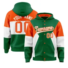 Kelly Green Orange-White Color Block Varsity Letterman Jacket Hoodie 1