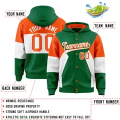 Kelly Green Orange-White Color Block Varsity Letterman Jacket Hoodie 4