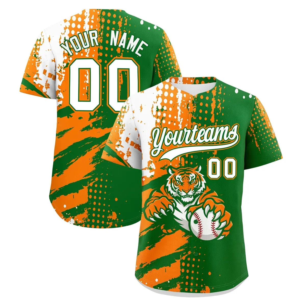 Kelly Green Orange White Full-Snap Tiger Graffiti Baseball Jersey