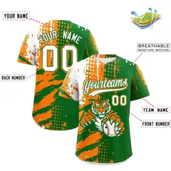 Kelly Green Orange White Full-Snap Tiger Graffiti Baseball Jersey 2