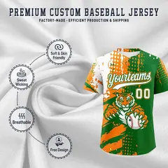 Kelly Green Orange White Full-Snap Tiger Graffiti Baseball Jersey 3