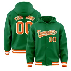 Kelly Green Orange-White Full-Snap Varsity Letterman Hoodie