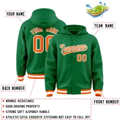 Kelly Green Orange-White Full-Snap Varsity Letterman Hoodie 4