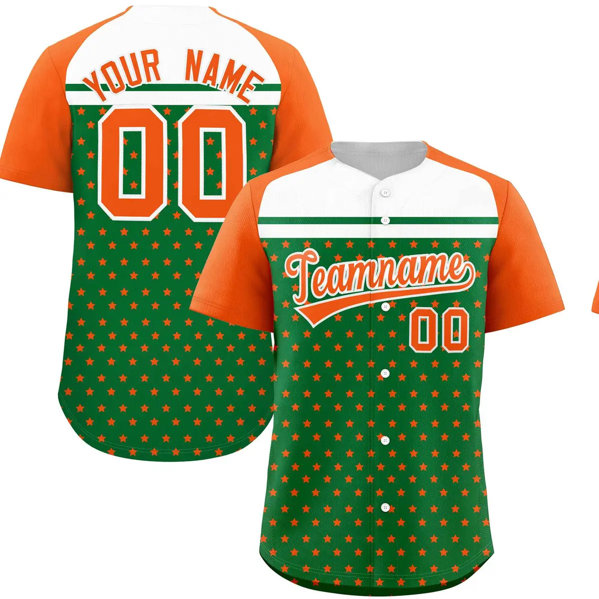 Kelly Green Orange-White Raglan Star Print Baseball Jersey