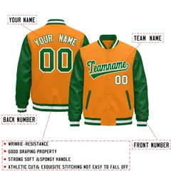 Kelly Green Orange White Raglan Varsity Full-Snap Leather Sleeves Letterman Jacket 2