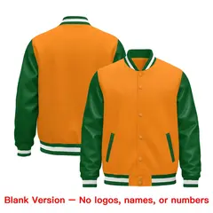 Kelly Green Orange White Raglan Varsity Full-Snap Leather Sleeves Letterman Jacket 5