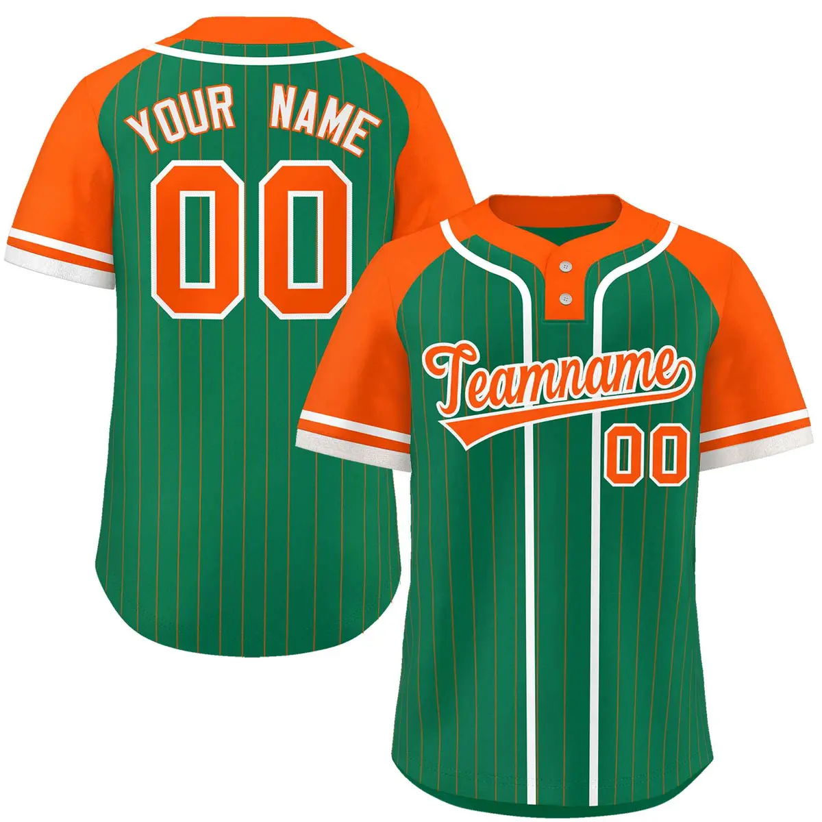 Kelly Green Orange-White Stripe Raglan Two-Button Softball Jersey