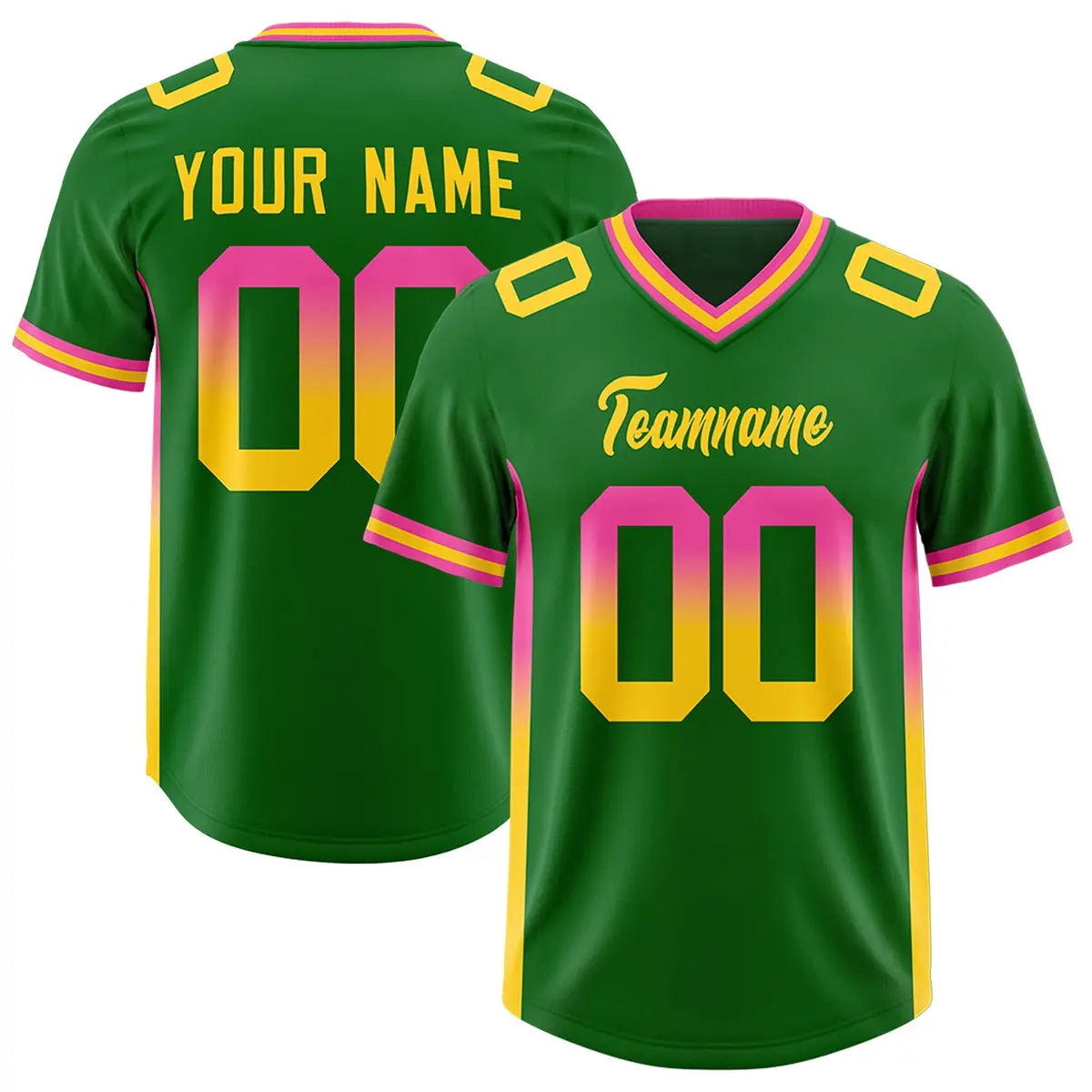 Kelly Green Pink and Gold Gradient Sides Football Jersey