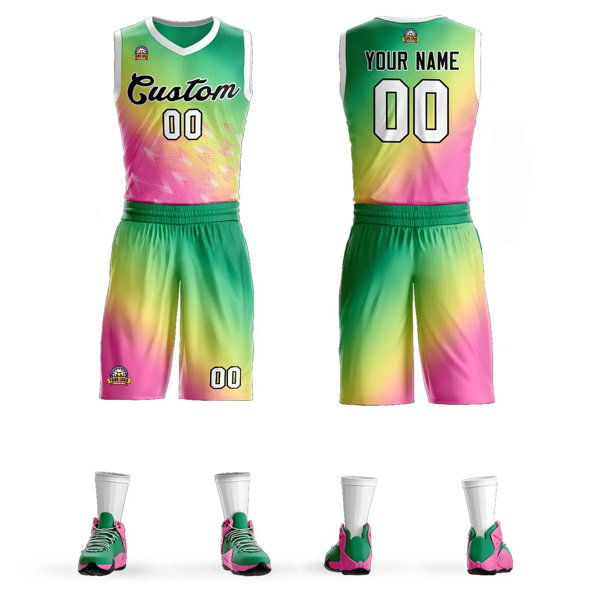 Kelly Green Pink-Black Gradient Slash Basketball Jersey