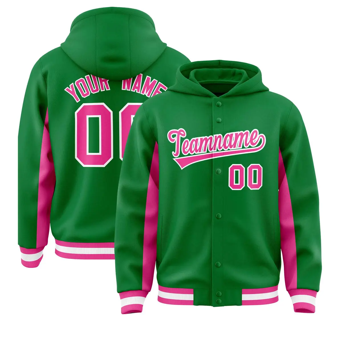Kelly Green Pink Color Block Varsity Letterman Jacket Hoodie