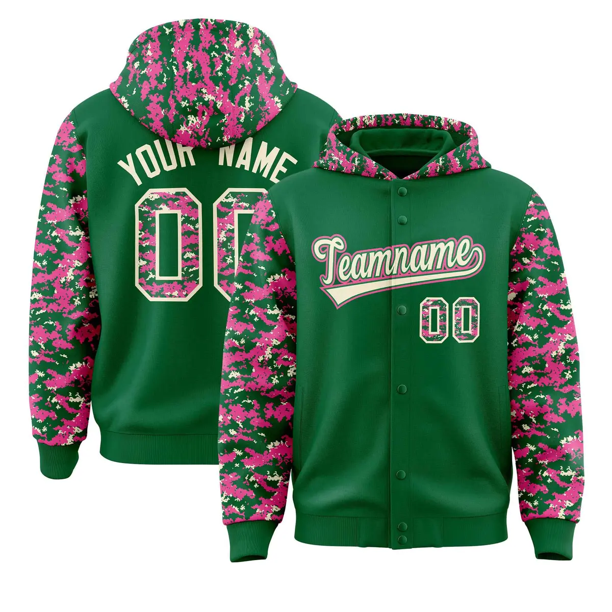 Kelly Green Pink-Cream Camo Raglan Full-Snap Varsity Letterman Hoodie Jacket