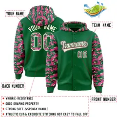 Kelly Green Pink-Cream Camo Raglan Full-Snap Varsity Letterman Hoodie Jacket 4