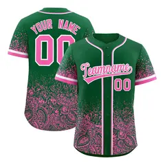 Kelly Green Pink Floral Gradient Full Button Baseball Jersey 1