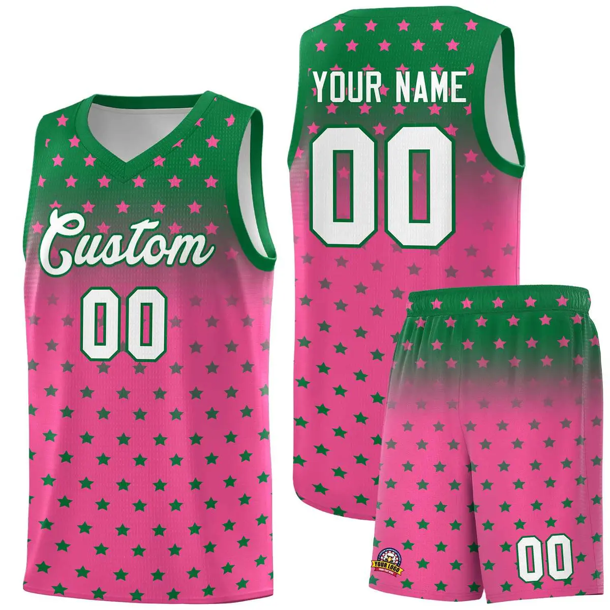 Kelly Green Pink Gradient Star Pattern Basketball Jersey Sets
