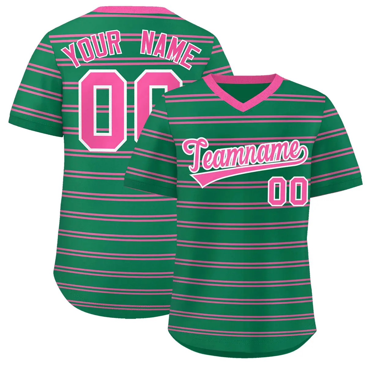 Kelly Green Pink Horizontal Stripe Pullover Baseball Jersey