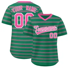 Kelly Green Pink Horizontal Stripe Pullover Baseball Jersey 1