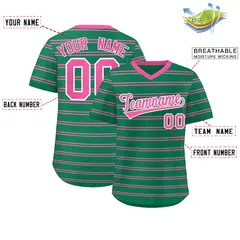 Kelly Green Pink Horizontal Stripe Pullover Baseball Jersey 2