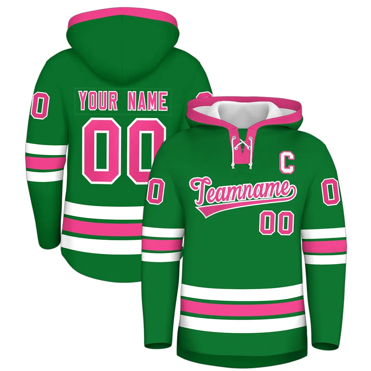 Kelly Green Pink Lace-Up Neck Hockey Hoodie