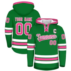 Kelly Green Pink Lace-Up Neck Hockey Hoodie 1