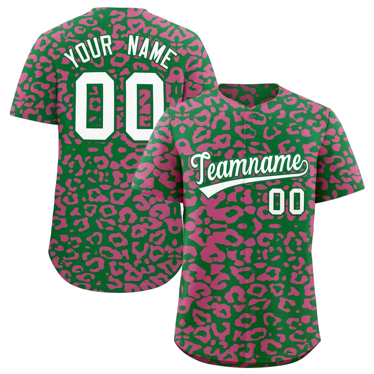 Kelly Green Pink Leopard Print Baseball Jersey