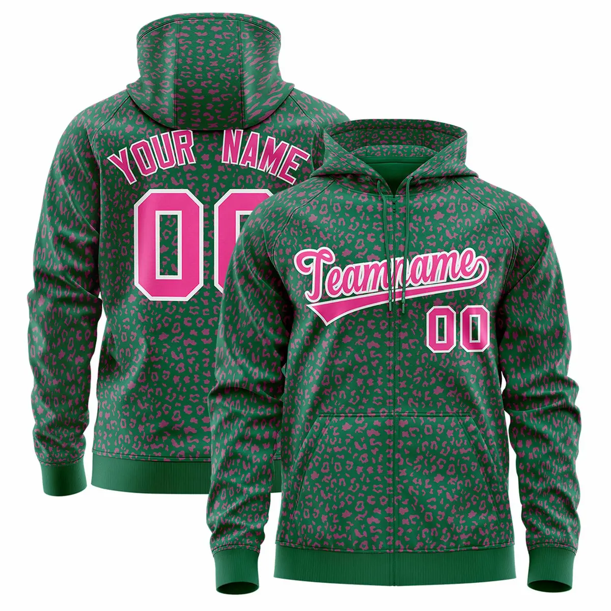 Kelly Green Pink Leopard Print Varsity Letterman Jacket Hoodie
