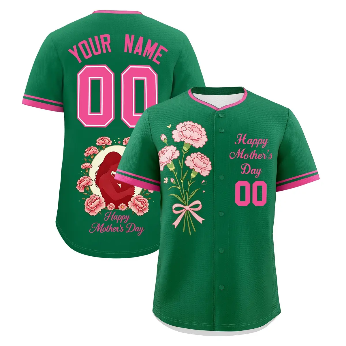 Kelly Green Pink Mother's Day Baseball Jersey