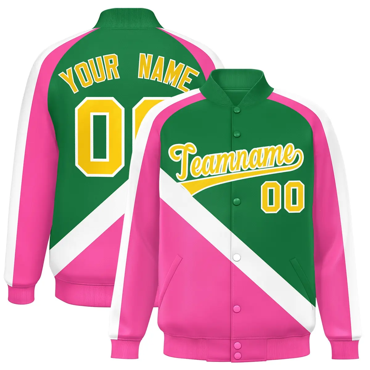 Kelly Green Pink Raglan Full-Snap Letterman Baseball Jacket