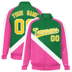 Kelly Green Pink Raglan Full-Snap Letterman Baseball Jacket 1