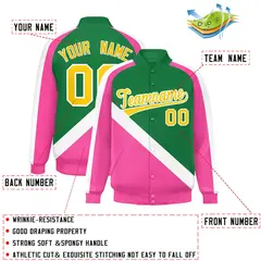 Kelly Green Pink Raglan Full-Snap Letterman Baseball Jacket 2