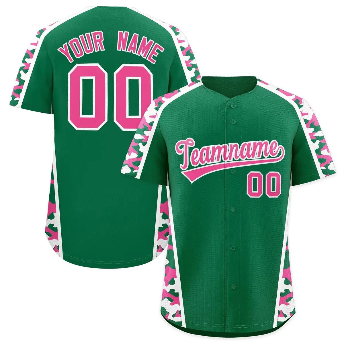 Kelly Green Pink Side Camo Baseball Jersey