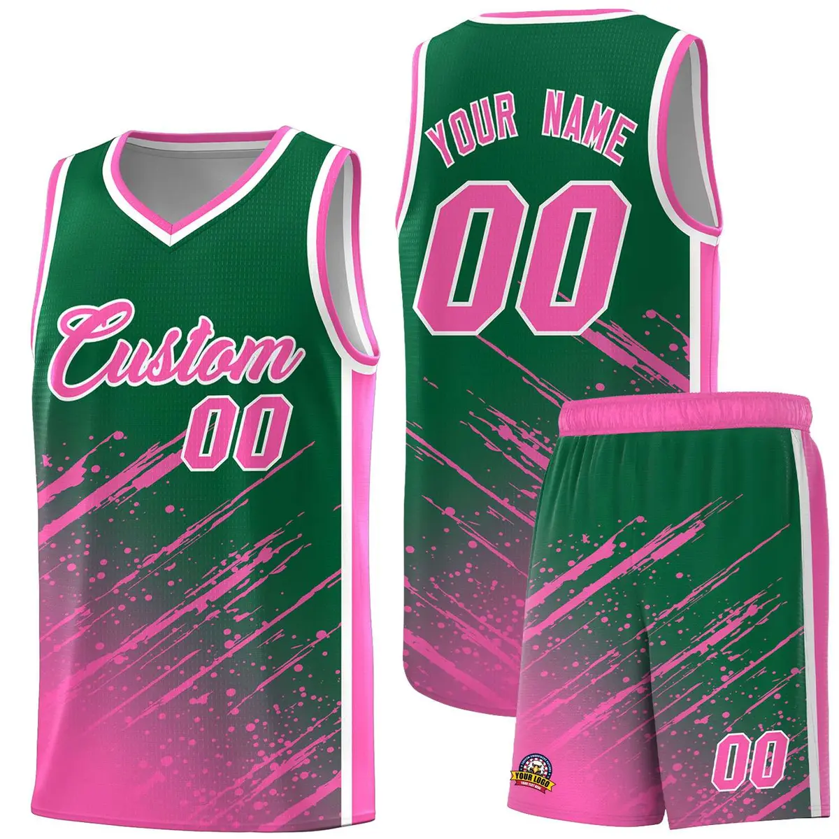 Kelly Green Pink Splash Basketball Uniforms for Teams