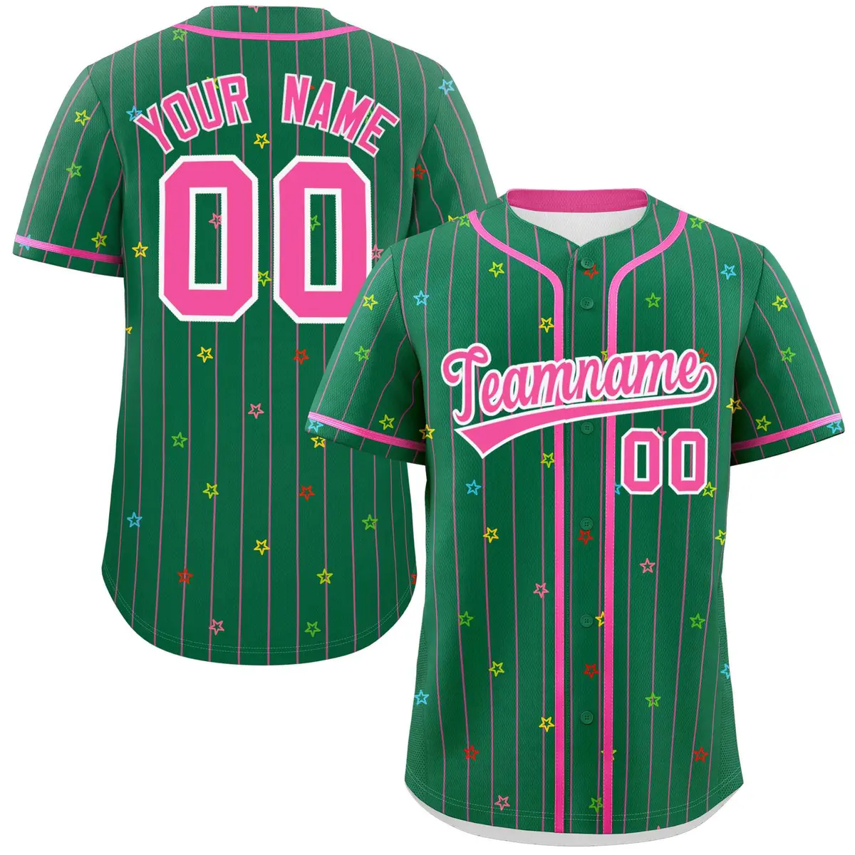 Kelly Green Pink Star Pattern Stripe Baseball Jersey