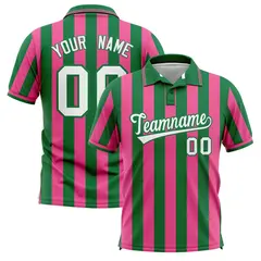 Kelly Green Pink Vertical Stripes Performance Polo Shirt