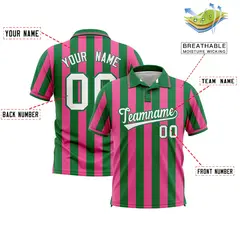 Kelly Green Pink Vertical Stripes Performance Polo Shirt 2