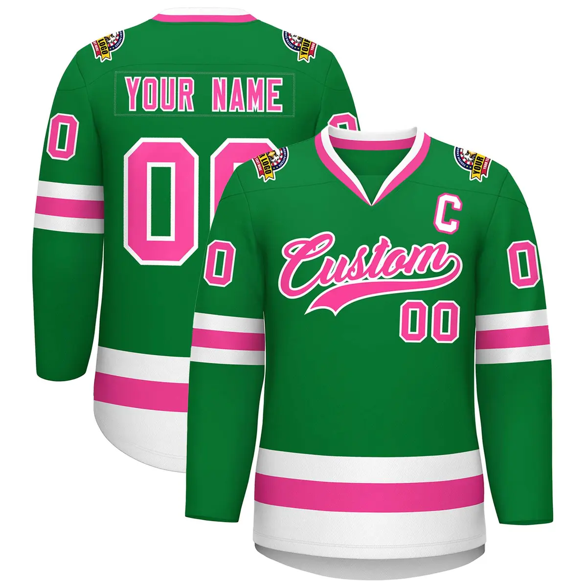 Kelly Green Pink-White Classic Style Hockey Jersey