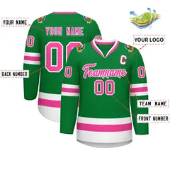 Kelly Green Pink-White Classic Style Hockey Jersey 2