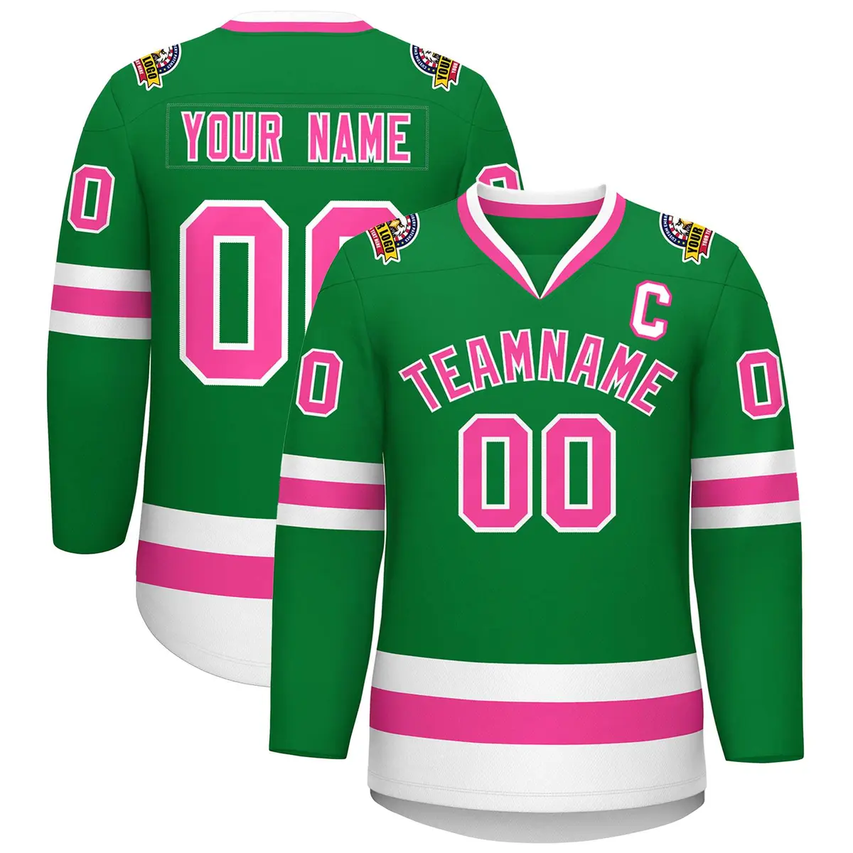 Kelly Green Pink-White Classic Style Hockey Jersey