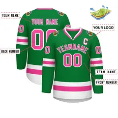 Kelly Green Pink-White Classic Style Hockey Jersey 2