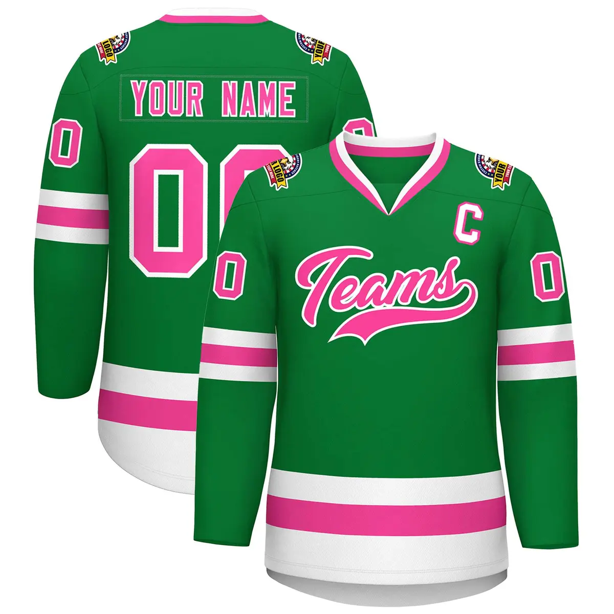 Kelly Green Pink-White Classic Style Hockey Jersey