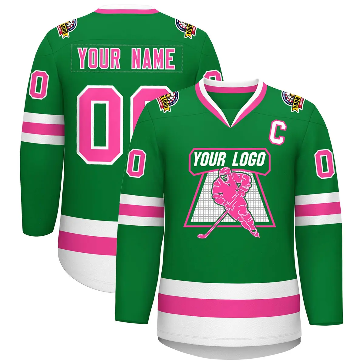 Kelly Green Pink-White Classic Style Hockey Jersey