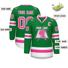 Kelly Green Pink-White Classic Style Hockey Jersey 2