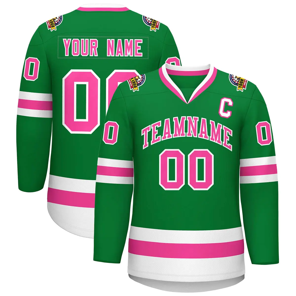 Kelly Green Pink-White Classic Style Hockey Jersey
