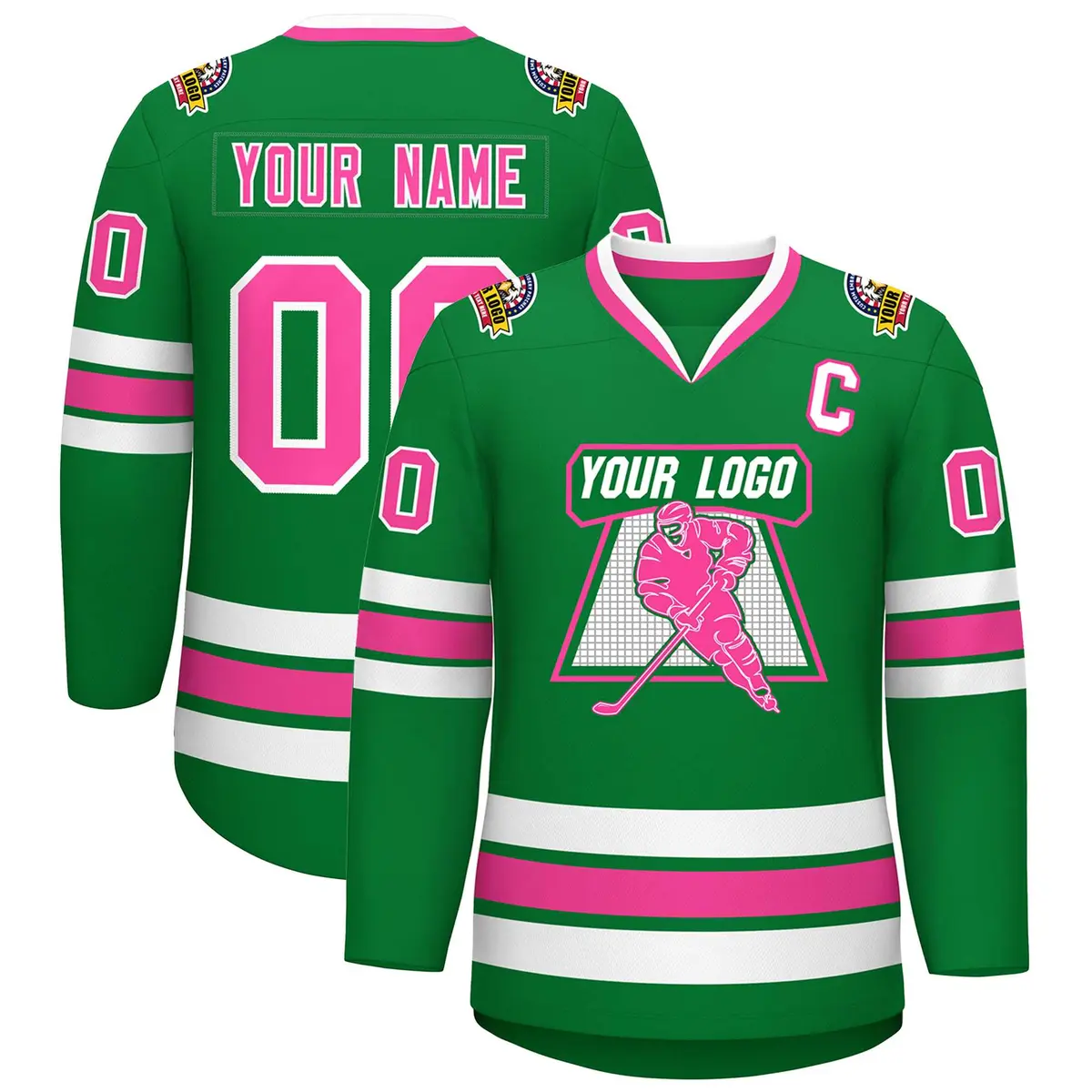 Kelly Green Pink-White Classic Style Hockey Jersey