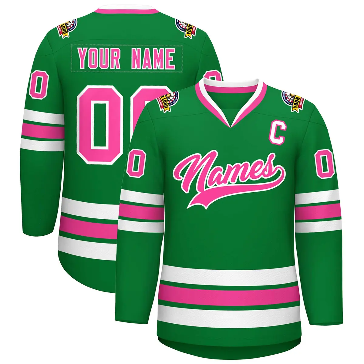 Kelly Green Pink-White Classic Style Hockey Jersey