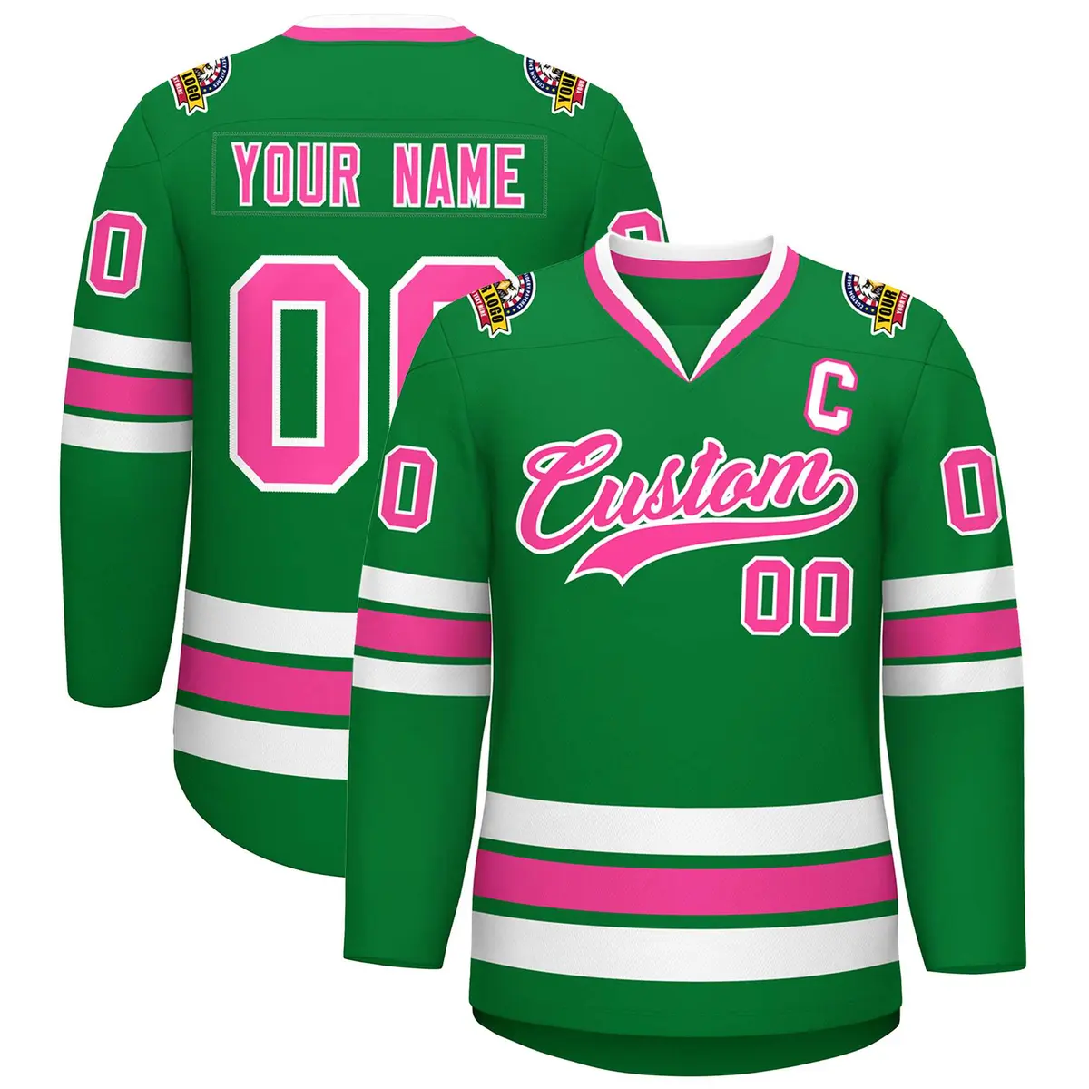 Kelly Green Pink-White Classic Style Hockey Jersey