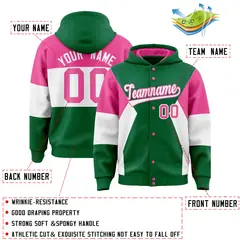 Kelly Green Pink-White Color Block Varsity Letterman Jacket Hoodie 4