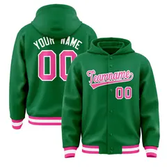 Kelly Green Pink-White Varsity Letterman Hoodie Jacket 1