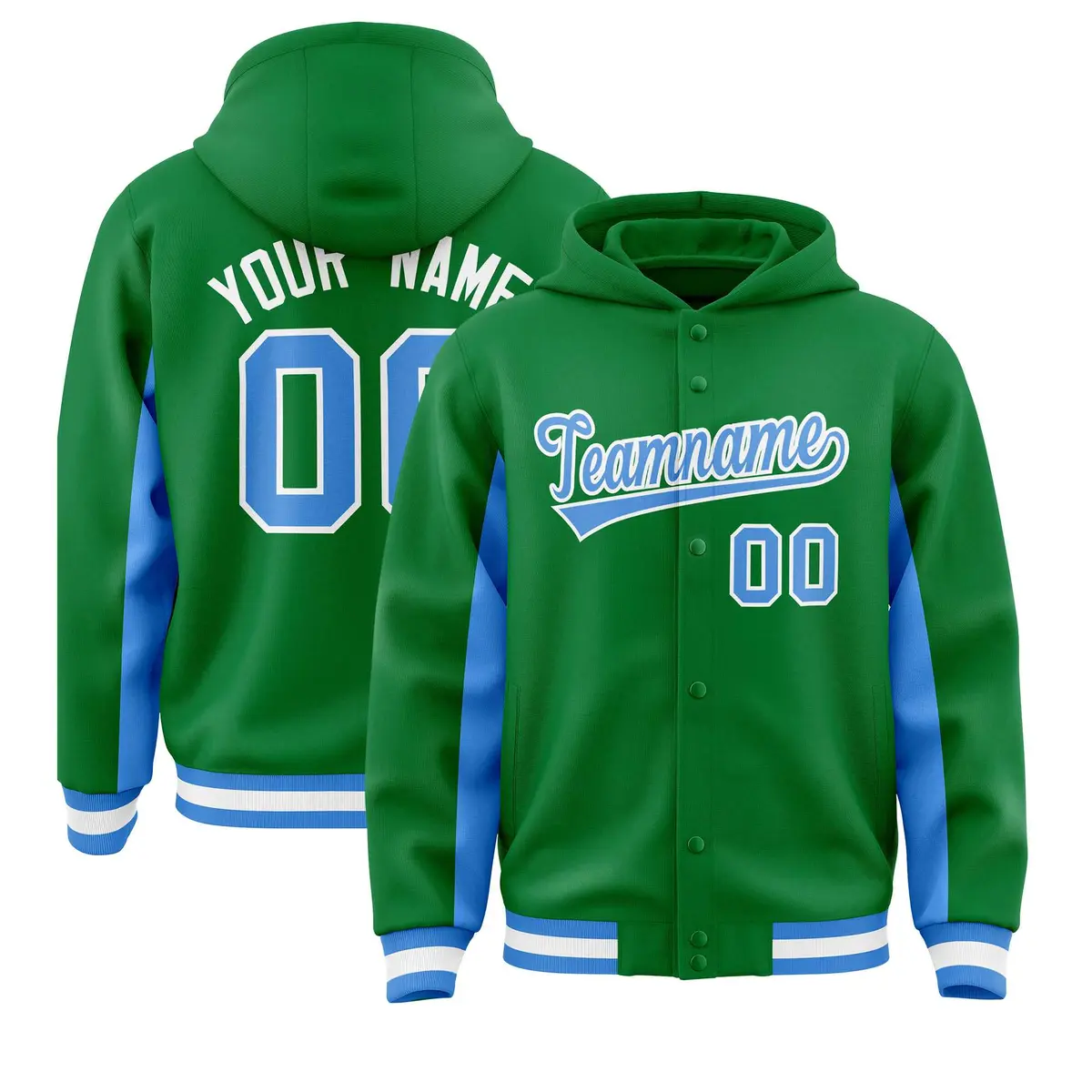 Kelly Green Powder Blue Color Block Varsity Letterman Jacket Hoodie