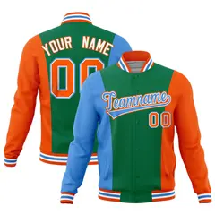 Kelly Green Powder Blue Orange Color Block Varsity Letterman Jacket 1