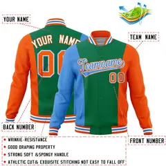 Kelly Green Powder Blue Orange Color Block Varsity Letterman Jacket 2